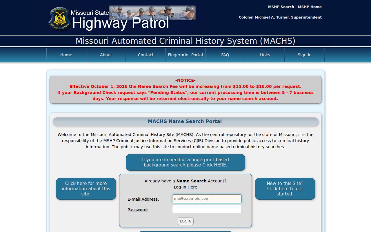 Missouri name based history interface